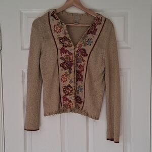 Sigrid Olsen Beige Cardigan with Floral Embroidery